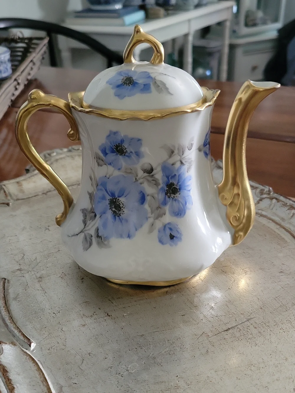 Porcelain Teapot with Blue Floral Design and Gold Accents
